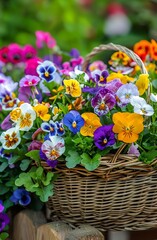 Colorful pansies in a woven basket