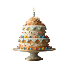 Birthday cake with candle icon, stylized matte plastic in soft pastel, floating white