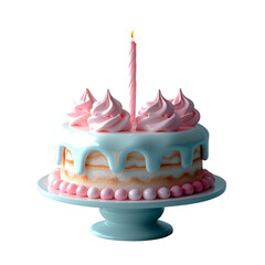 Birthday cake with candle icon, stylized matte plastic in soft pastel, floating white