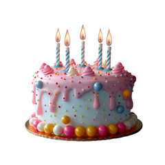 Birthday cake with candle icon, stylized matte plastic in soft pastel, floating white