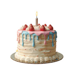 Birthday cake with candle icon, stylized matte plastic in soft pastel, floating white