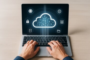 Hands typing on laptop with glowing cloud icon and technology symbols on screen representing cloud computing and data storage concept on desk background.