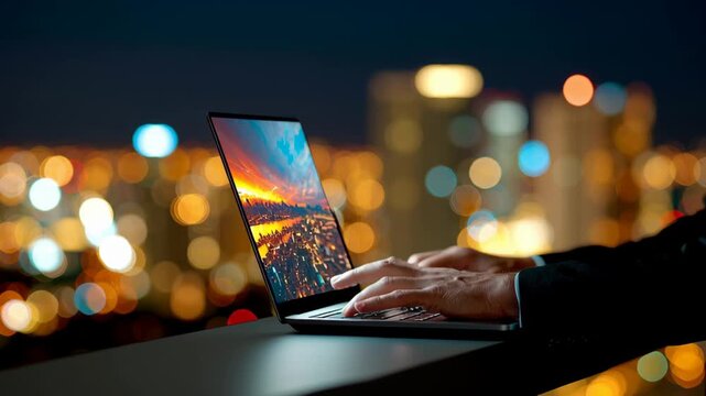 Business pitch deck preparation on laptop with city night lights background showing focused technology work atmosphere dedication