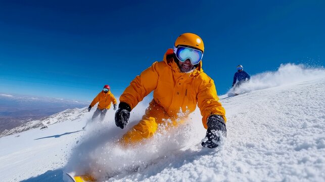 Snowboarding on the snow-covered slope of the volcano