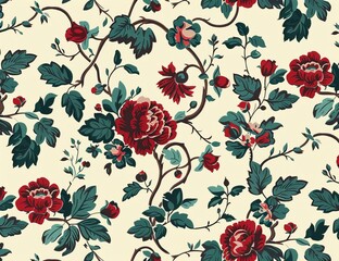 Floral pattern with burgundy roses, green leaves, cream background