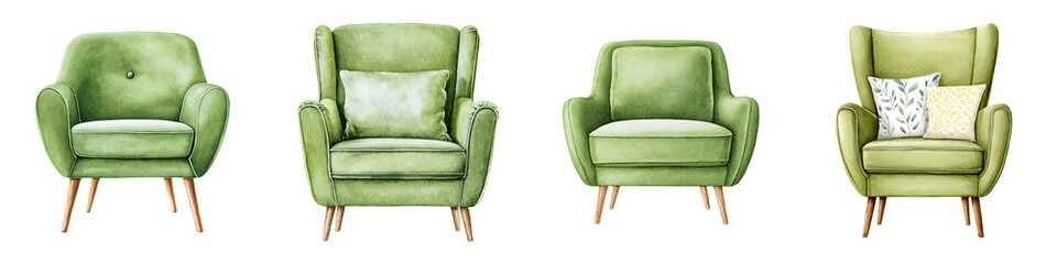 Fototapeta premium Set of Green Watercolor Armchairs Isolated on White