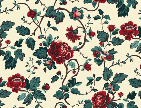 Floral pattern with burgundy roses, green leaves, cream background