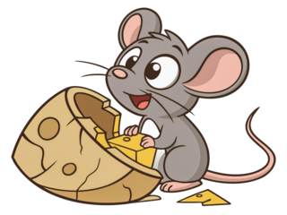 Little mouse in a broken pot, charming cartoon illustration, isolated on transparent background.