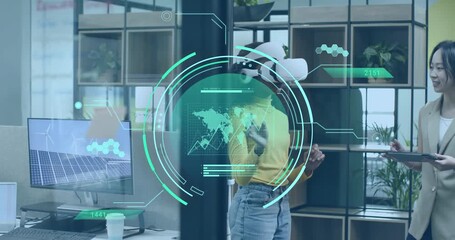 VR user gesturing and tapping holographic map and charts for joint data analysis using technology - Powered by Adobe