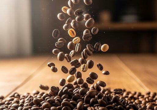 Coffee beans falling on wooden surface