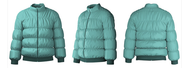 Realistic 3D puffer jacket in light teal color with textures © puruan