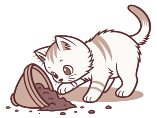 Kitten playing among soil and broken flowers from a cracked pot, creative cute illustration, isolated transparent.