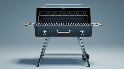 A dark-grey rectangular barbecue grill on thin metal legs, featuring a metal grate, wooden handles, a bottom shelf, and a single wheel.  It's set against a light-grey background