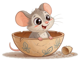Cute cartoon mouse peeking out of a broken pot, playful expression, isolated on transparent background.