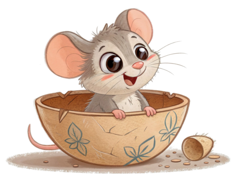 Cute cartoon mouse peeking out of a broken pot, playful expression, isolated on transparent background.