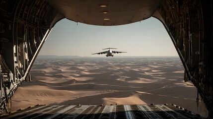 Military Airlift Operation, Cargo Plane, Desert, Photography, Aerial View, Transportation and Logistics