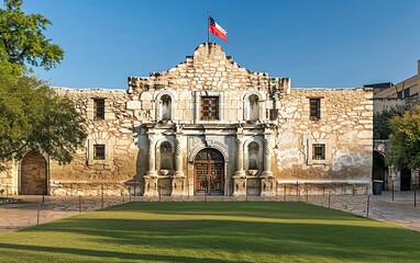Fototapeta premium Historic stone church facade, flag, green lawn