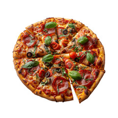 Cutout of pizza slice with toppings, isolated on white, clean shadow