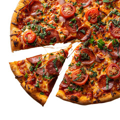 Cutout of pizza slice with toppings, isolated on white, clean shadow
