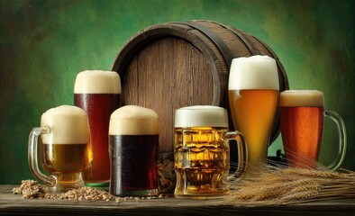 Assorted beers in glasses and a wooden barrel
