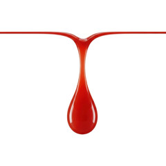 Viscous, vibrant, translucent red tomato juice drop, perfectly formed, elongated, mid-drip, high-speed photography on transparent background, precise studio lighting. Concept of fluid dynamics
