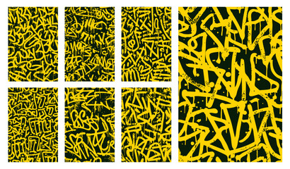 Set of abstract yellow graffiti tag vectors on black background with dripping spray paint style, bold urban street art patterns for edgy modern design and wallpaper.