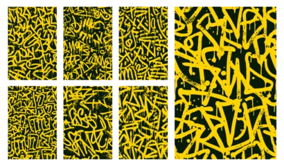 Wandcirkels plexiglas Graffiti Set of abstract yellow graffiti tag vectors on black background with dripping spray paint style, bold urban street art patterns for edgy modern design and wallpaper.  © MCGORIE