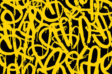 Abstract yellow graffiti tag pattern on black background with bold urban street art style vector texture for modern design and wallpaper.