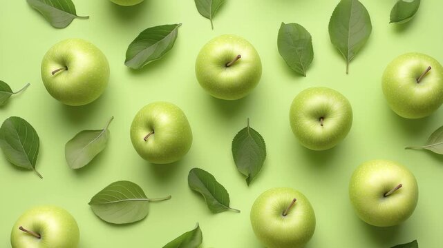 Green apples pattern with leaves on green background, top view