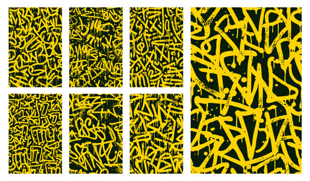 Fototapeta Set of abstract yellow graffiti tag vectors on black background with dripping spray paint style, bold urban street art patterns for edgy modern design and wallpaper.