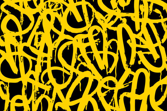 Abstract yellow graffiti tag pattern on black background with bold urban street art style vector texture for modern design and wallpaper.