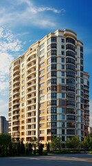 Fototapeta premium Modern high-rise apartment building under partly cloudy sky