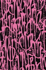Bold pink spray paint graffiti tag pattern with dripping effect on black background, seamless urban street art vector wallpaper.