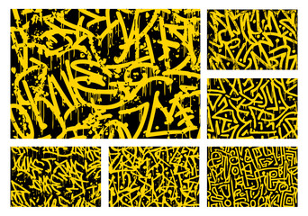 Set of abstract yellow graffiti tag vectors on black background with dripping spray paint effect, urban street art textures for modern design and edgy wallpaper.
