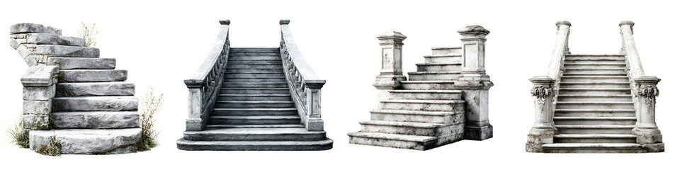 Stone Stairways: Collection of Old and Weathered Outdoor Steps on White