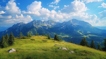 Mountain vista, bright sunny day, lush green meadow
