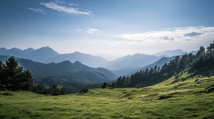 Mountain vista, grassy meadow, clear sky