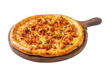 Chicken tikka pizza on a pizza Board on a Transparent PNG Background
