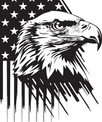 American Eagle and Flag Silhouette: A striking black and white illustration showcases a majestic eagle profile, symbolizing freedom, strength, and patriotism.