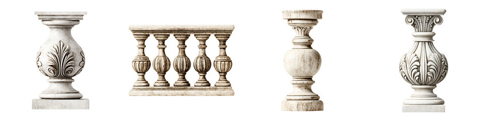Classic Stone Baluster Set: Architectural Detail on White Background