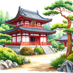 Obraz premium Traditional oriental pagoda architecture with curved roof in Chinese garden isolated on white background