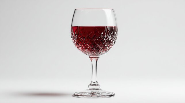 A stemmed, crystal wine glass, cut with a geometric diamond pattern, partially filled with deep red wine, sits on a white background, casting a subtle shadow - Powered by Adobe