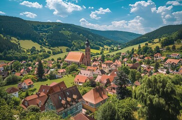 Panoramic view of a European village nestled in a valley, with church steeple, red-roofed houses, and lush green hills