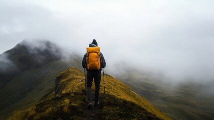 Obraz premium Solo hiker ascends foggy mountain trail nature adventure remote wilderness inspiring journey wide-angle viewpoint