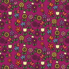 Seamless vintage floral pattern with pink flowers and swirling leaves, perfect for a decorative textile or wallpaper design