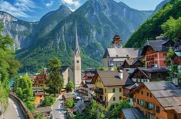 Picturesque alpine village nestled in a valley, surrounded by towering mountains and a lake