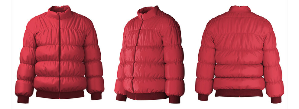 Realistic 3D representation of a red puffer jacket design