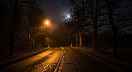 Night Road Illuminated by Streetlights and Moon with Creepy Atmosphere
