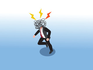 A stressed businessman with a tangled, chaotic mess on his head and lightning bolts above. Concept of mental overload, confusion, and stress at work 3d isometric vector illustration