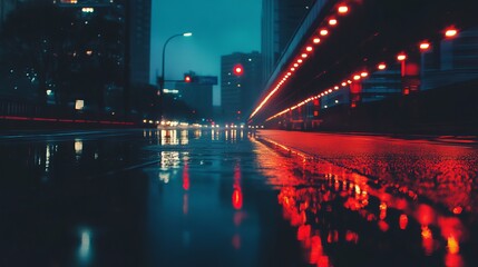 Rainy city street at night, blurred urban scene